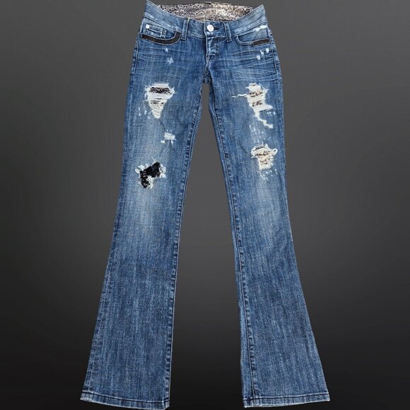 Y2K Marciano Low Rise bootcut Jeans Leopard Print Patches Size 25 Mcbling Trashy - Picture 1 of 11